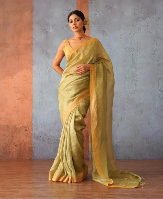 Pastel yellow festive wear silk linen sarees