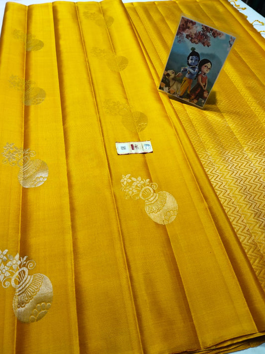 Yellow Pure kanchipuram plain soft silk sarees