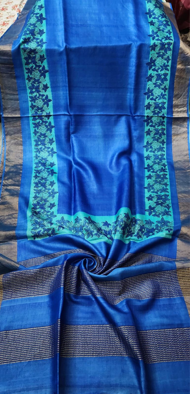 Blue pure tussar silk printed sarees