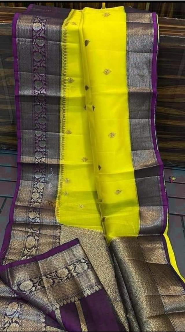 Yellow with dark purple Banarasi kora organza sarees