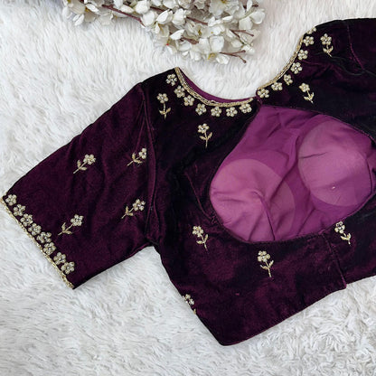 Wine readymade velvet pearl work blouse