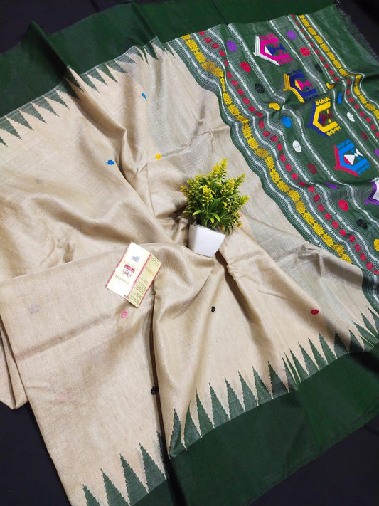 Beige with bottle green desi tussar silk sarees