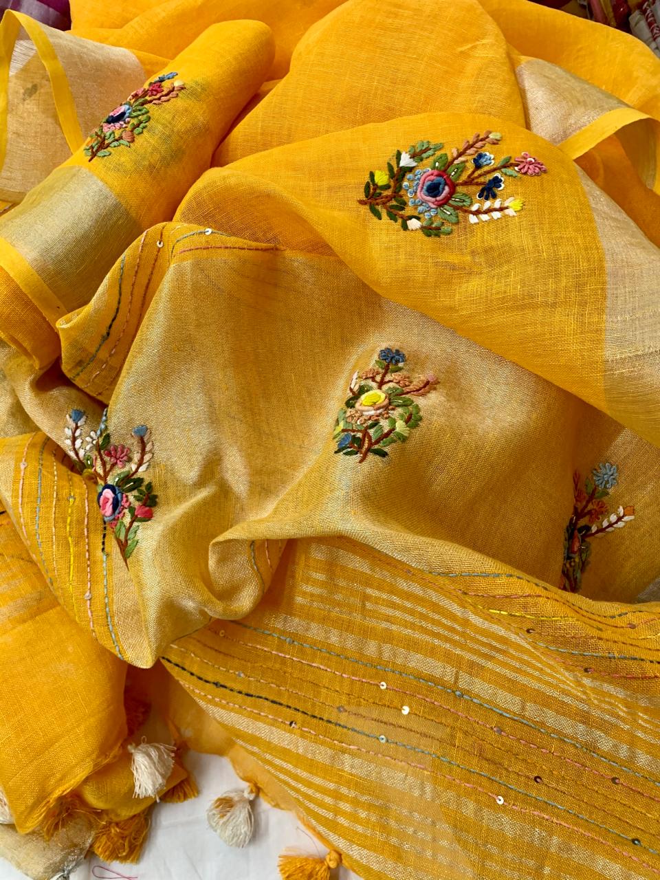 Mango yellow Linen French Knot embroidery sarees