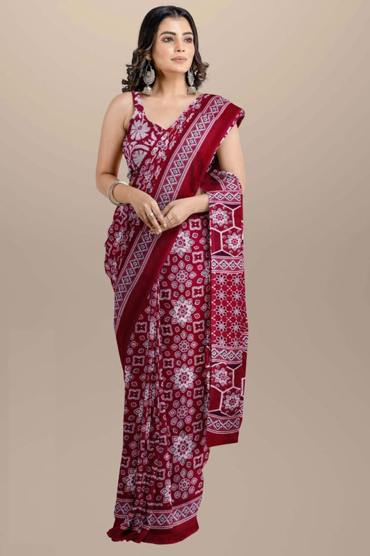 Maroon red Handblock printed mulmul cotton sarees