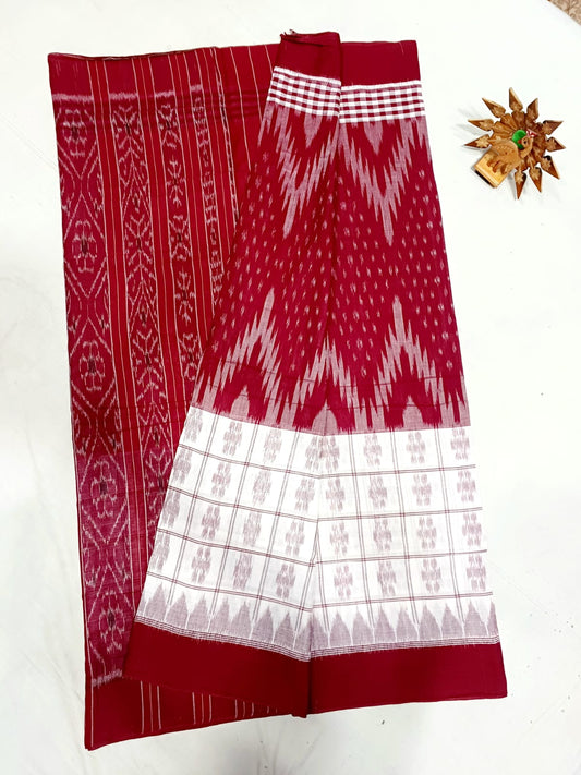 Maroon and white ikkat mercerised Cotton sarees