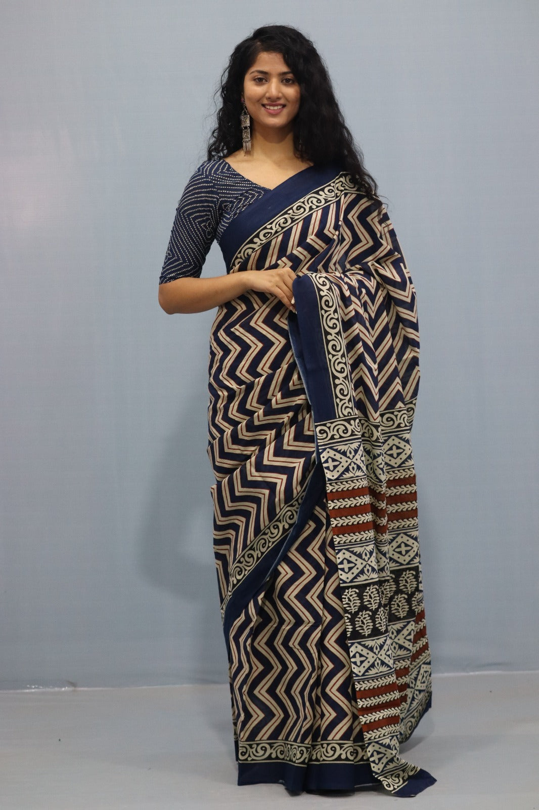 Navy blue hand printed mulmul cotton sarees