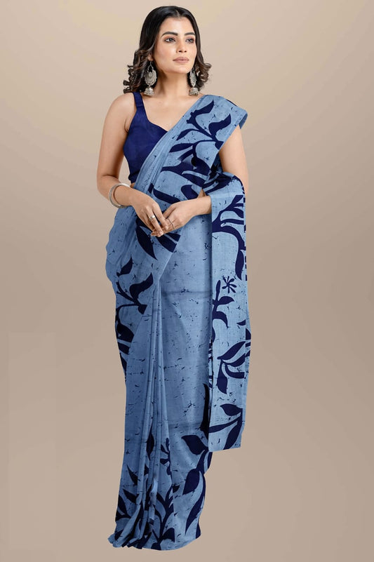 Bluish grey Handblock printed mulmul cotton sarees