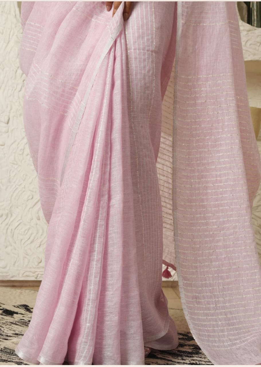 Baby pink linen striped sarees