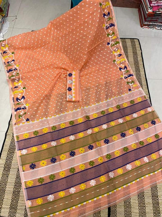 Pastel orange semi polished Dhakai Jamdani sarees