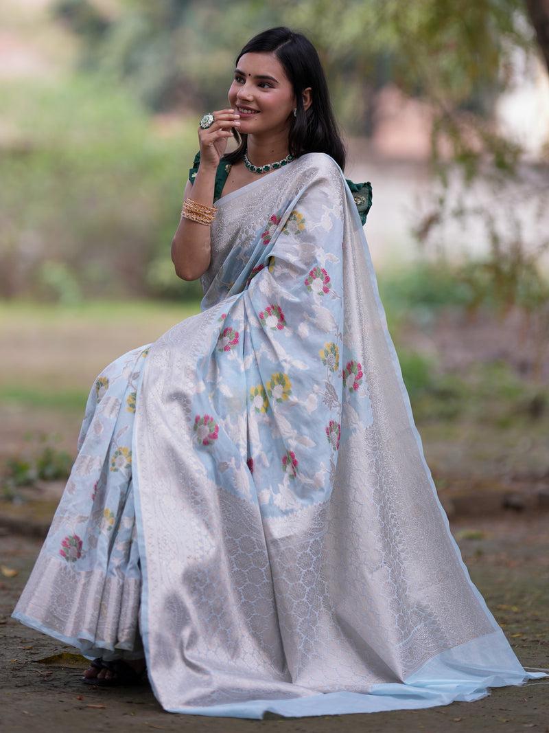 Pastel blue Banarasi semi georgette silk sarees