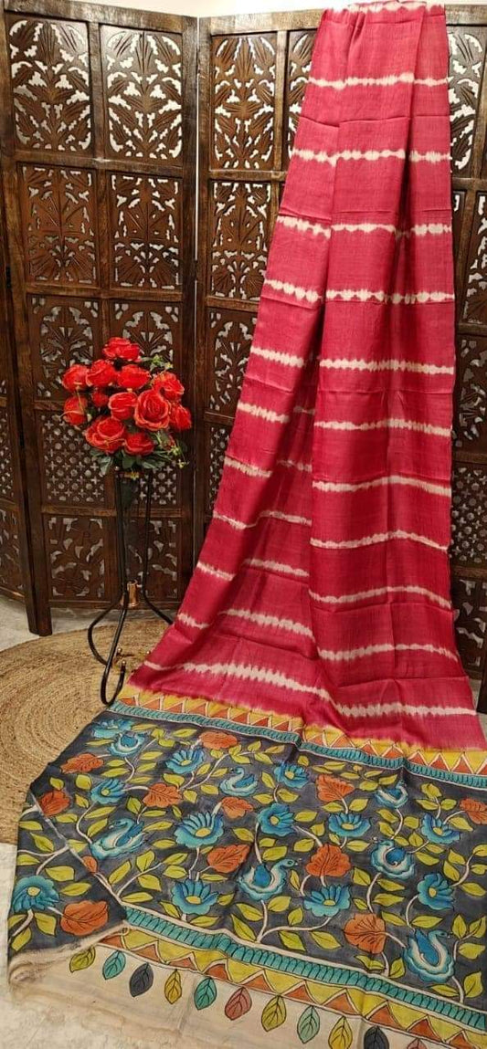 Red pure tussar Silk shibori sarees