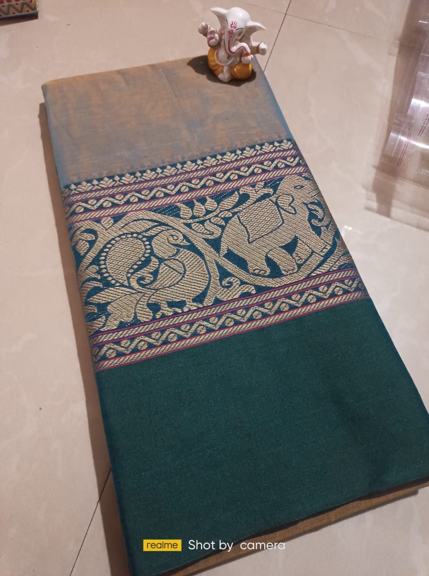 Pastel blue and dark green Narayanpet Cotton  sarees