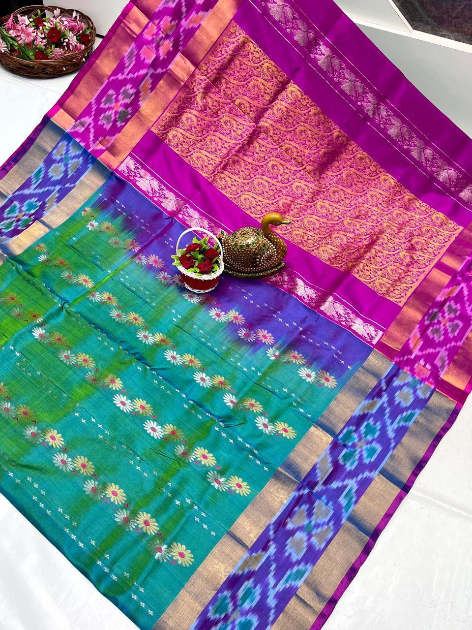 Rama green Uppada sarees with pochampally border