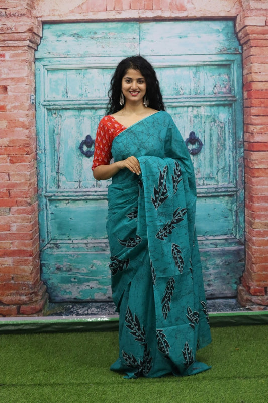 Dark peacock green mulmul cotton sarees