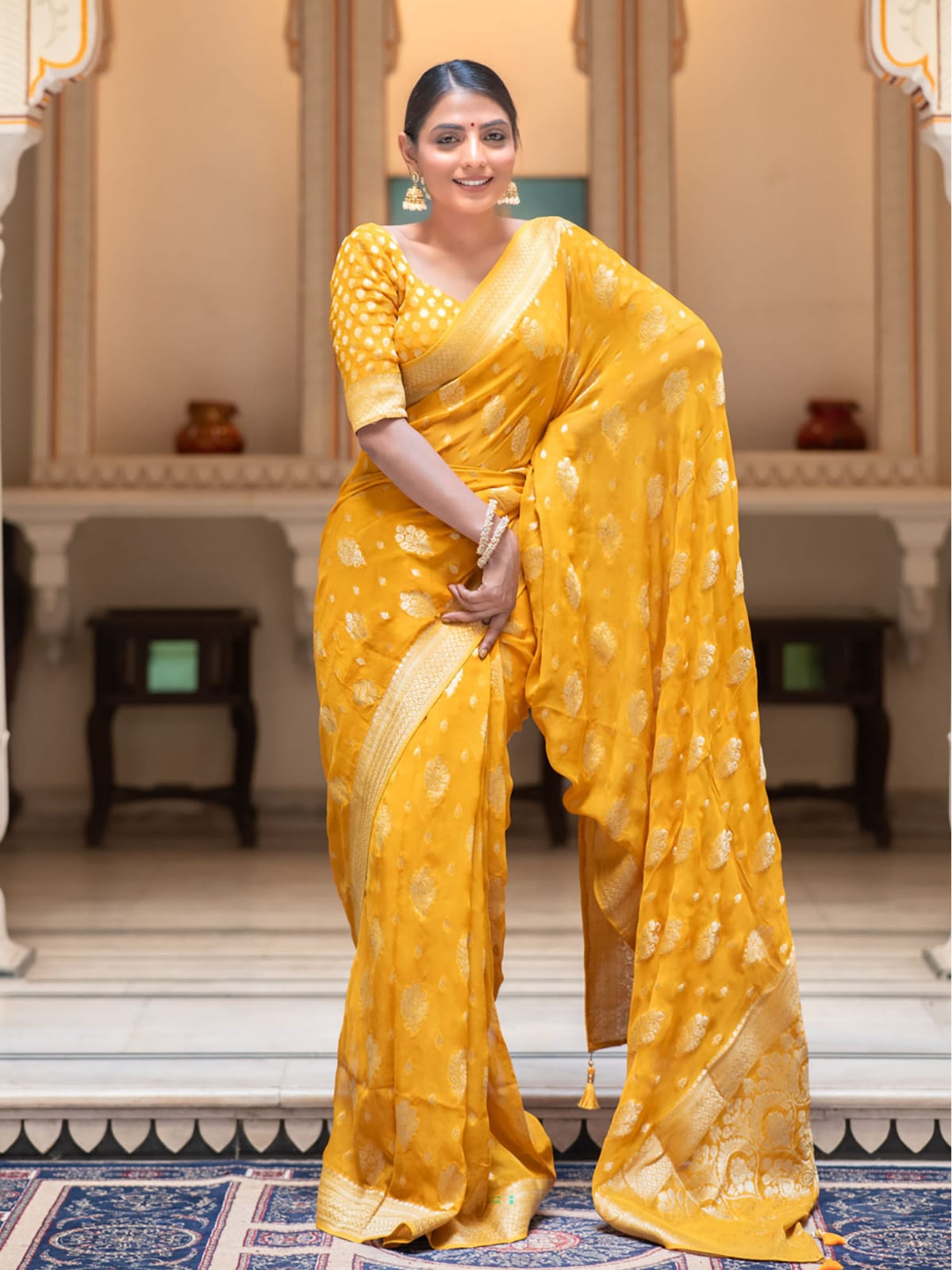 Mango yellow Banarasi semi georgette silk sarees