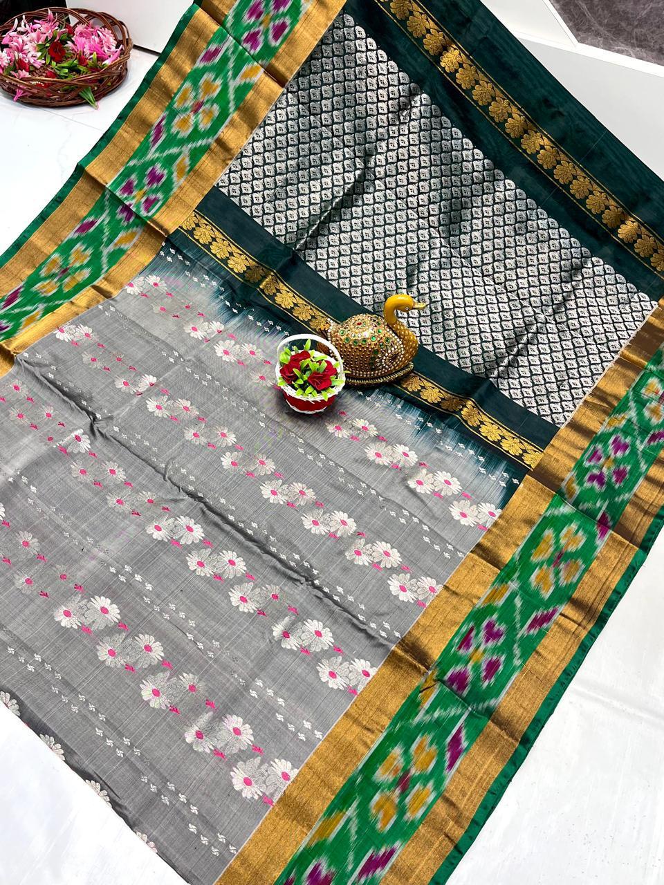 Gray Uppada sarees with pochampally border