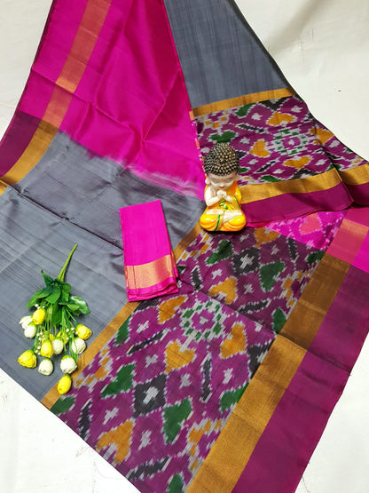 Grey Uppada sarees with big pochampally border