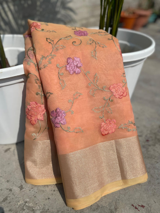 Peach Banarasi organza embroidered sarees