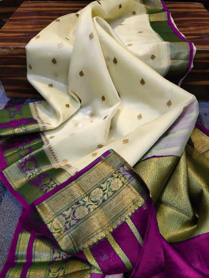 Cream with dark purple Banarasi kora organza sarees