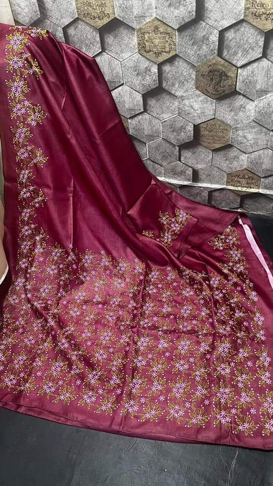 Maroon pure tussar silk embroidery sarees