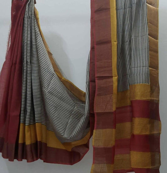 White and black block print tussar silk sarees