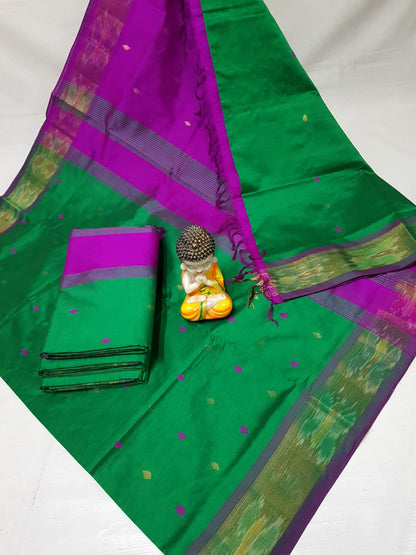 Dark green and dark purple Tripura silk sarees with Pochampally border