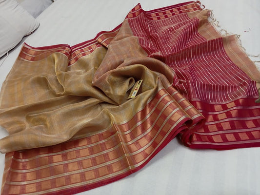 Gold with reddish pink Pure handloom Tussar tissue silk sarees