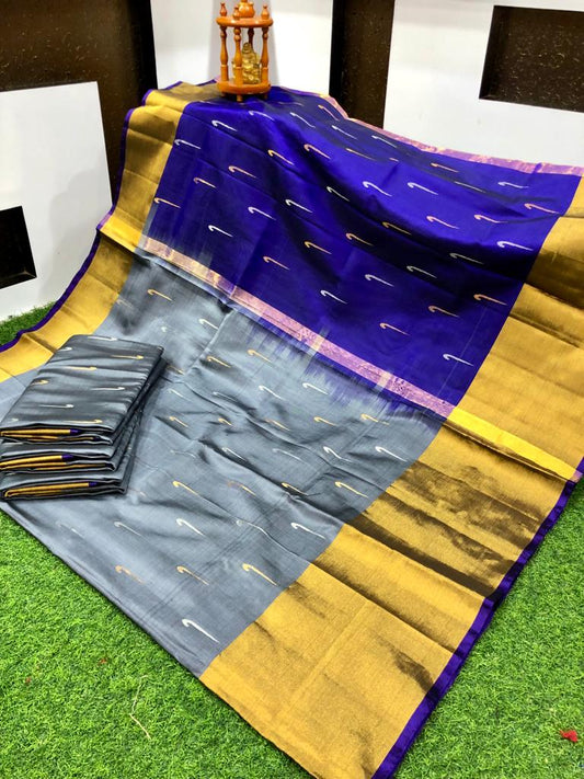 Grey and Navy blue Uppada small Jamdani butta Sarees