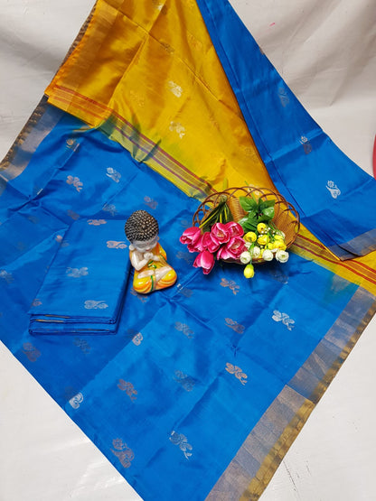 Sky blue and yellow handloom Uppada silk sarees with small border