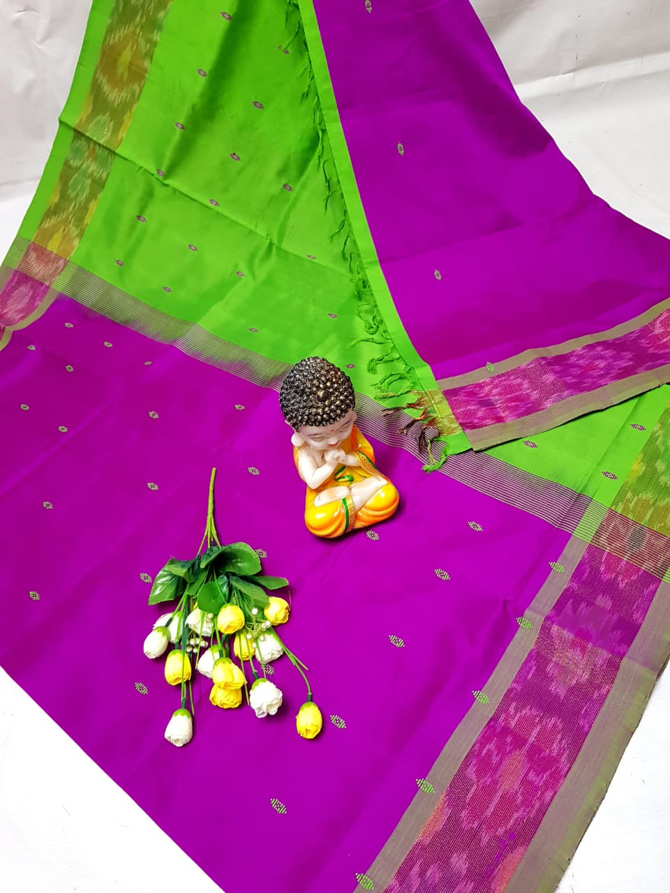 Pink and green Tripura silk sarees with Pochampally border