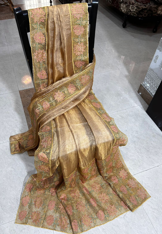 Gold cutwork pure tussar tissue silk sarees