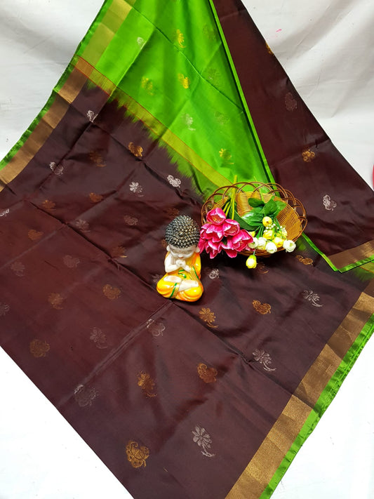 Dark brown handloom Uppada silk sarees with small border